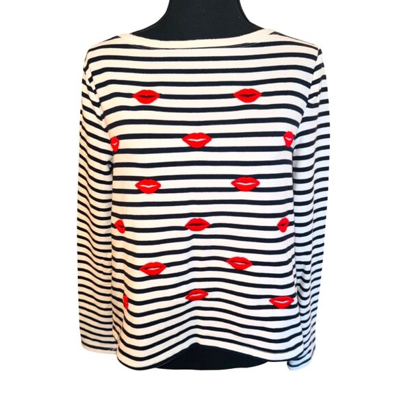 Betsey Johnson Striped Top Embroidered Red Lip Print S Novelty Coastal artsy - Picture 1 of 9